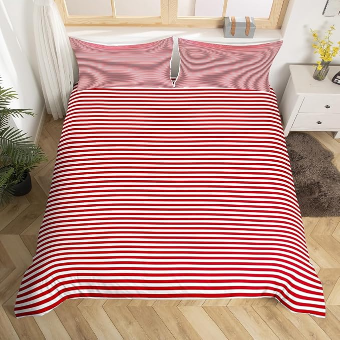 Erosebridal Striped Duvet Cover Queen Red and White Geometric Stripe Bedding Set for Kids Teens | Farmhouse Ticking Stripes Bedspread Cover Horizontal Stripes Modern Abstract Bed Set