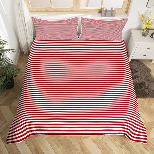Erosebridal Striped Duvet Cover Queen Red and White Geometric Stripe Bedding Set for Kids Teens | Farmhouse Ticking Stripes Bedspread Cover Horizontal Stripes Modern Abstract Bed Set
