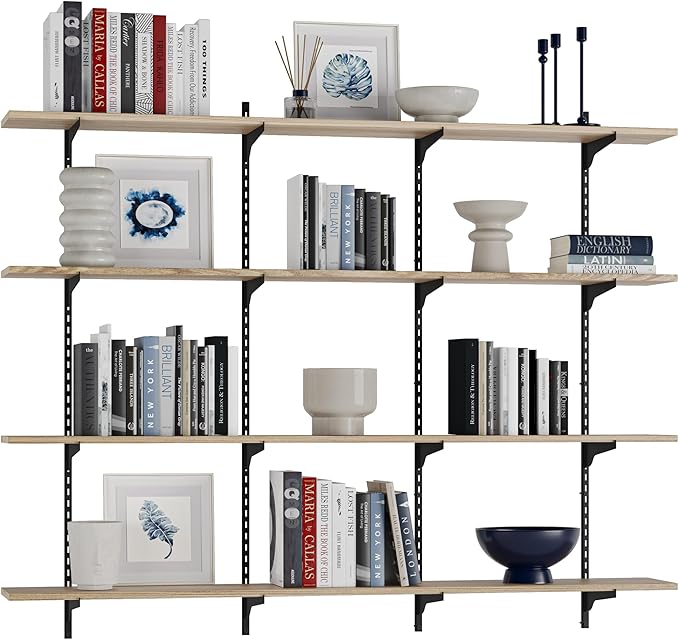 Wallniture Turin 60" Long Wall Bookshelf, Floating Shelves for Bookcase, Storage Shelves with Adjustable Standard Rail Bracket System, Burnt Finish