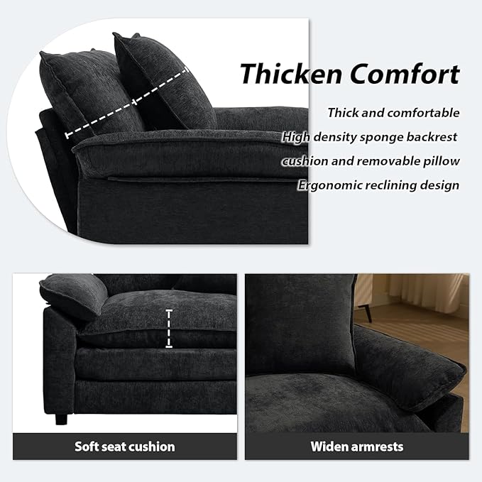 Modern Oversized Chair with Ottoman, Comfy Chenille Accent Chair Large Upholstered Armchair with Extra Thick and Deep Seat Lounge Chair for Living Room,Bedroom,Apartment,Black