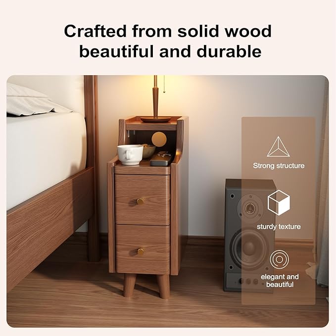 Narrow Nightstand with 2 Drawers,Walnut Nightstand,Bedside Table,Solid Wood Modern Bedside Table for Bedroom,Study,Toilet