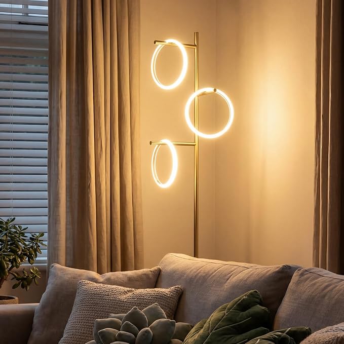 Bairth Gold Floor Lamp with 3 Lights, Modern LED Tree Floor Lamp for Living Room, 17W Stepless Dimmable Tall Standing Lamp with 3 Detachable Circular Lights for Reading, Bedroom, Office, Antique Brass