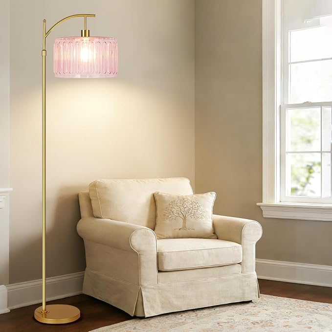 QIYIZM Pink Floor Lamp for Living Room,Bedroom,Gold Dimmable Standing Lamp with Remote,Mid Century Modern Brass Tall Lamp Boho Floor Lamps Arc Stained Glass Flower Floor Light Lamp Girls kids Bohemian