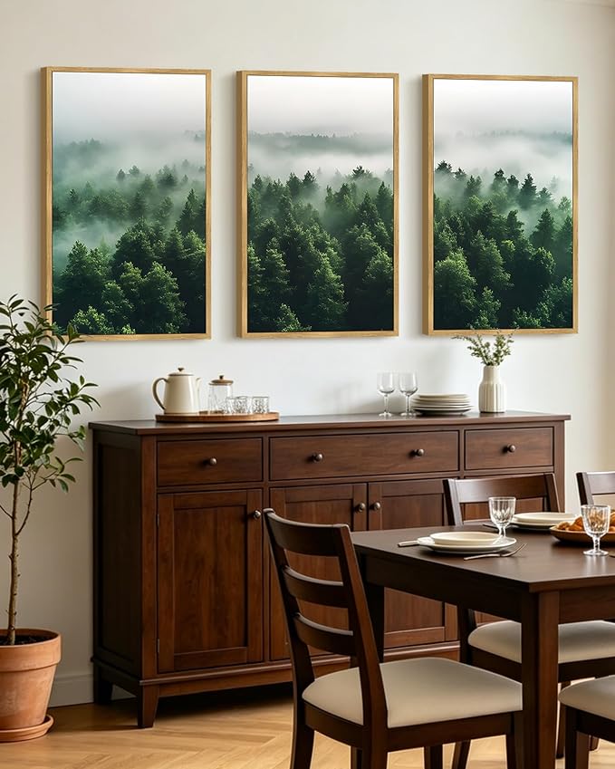 KUVIOKE Green Fog Pine Tree Framed Wall Art Nature Nordic Misty Forests Artwork Morden Painting Bedroom Decor 24x36in (Natural Framed)