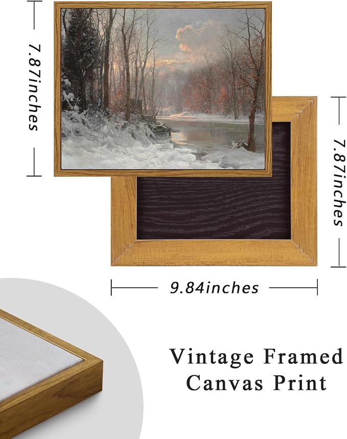 ARPEOTCY Vintage Framed Canvas Wall Art, Christmas Wall Art, Landscape Snow Stream River Tree Cloud Prints Room Decor, Farmhouse Paintings for Living Room Bedroom, 8x10in