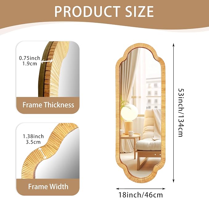 BAODANFU Full Length Rattan Mirror, Decorative Wall Mirrors of Hallway, Entryway, Long Scalloped 18 x 53 inch Dressing Mirror for Bedroom Vanity Walk-in Closet Living Dining Room