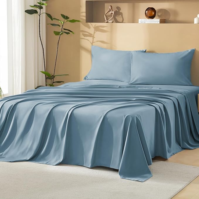 Litanika Super King Plus Size Comforter Set with Sheets Grayish Blue - 7 Pieces Bed in a Bag Oversized King Boho Tufted Complete Bedding Sets with Comforter, Sheets, Pillowcases & Shams