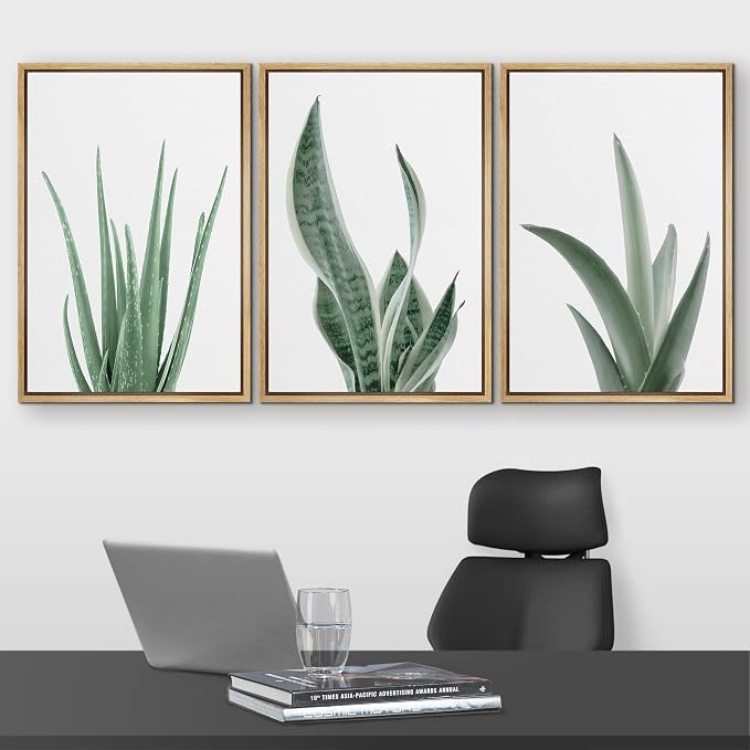 wall26 Framed Canvas Print Wall Art Set Minimal Snake Plant Agave Succulents Nature Wilderness Photography Modern Art Bohemian Decorative for Living Room, Bedroom, Office - 16"x24"x3 Natural