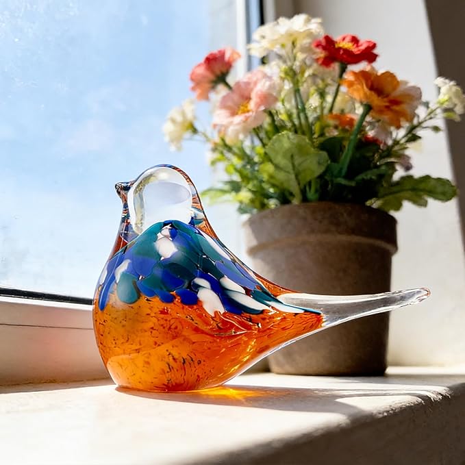 Blown Glass Birds - Glass Art Bird Decor, Hand Blown Glass Animal Figurines Paperweight for Home Shelf Decor