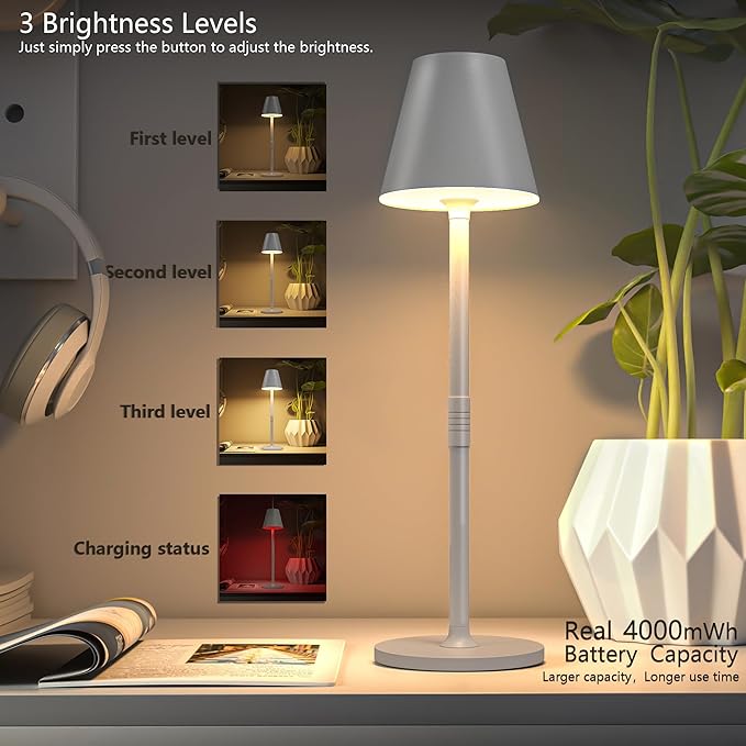4-Pack Cordless Table Lamps - 5000mAh Rechargeable Battery Operated Desk Lamp, 3-Level Dimmable LED Night Light for Bedroom, Dining, Restaurant - Metal Design(White 4PACK)