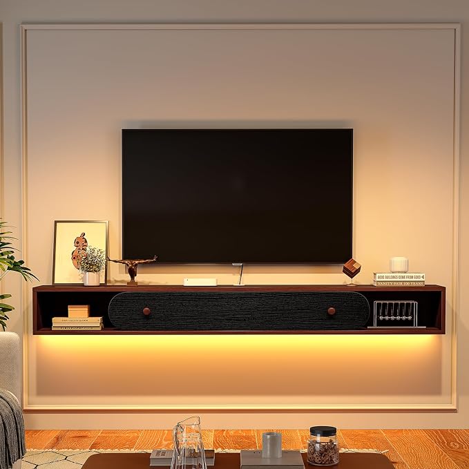Furninova Floating TV Stand,Wall Mounted Entertainment Center for 65 Inch TV,Plywood Floating Media Console with 1 Flip Down Door & Cable Management,Modern Space Saving TV Shelf,55 Inch,Walnut & Black