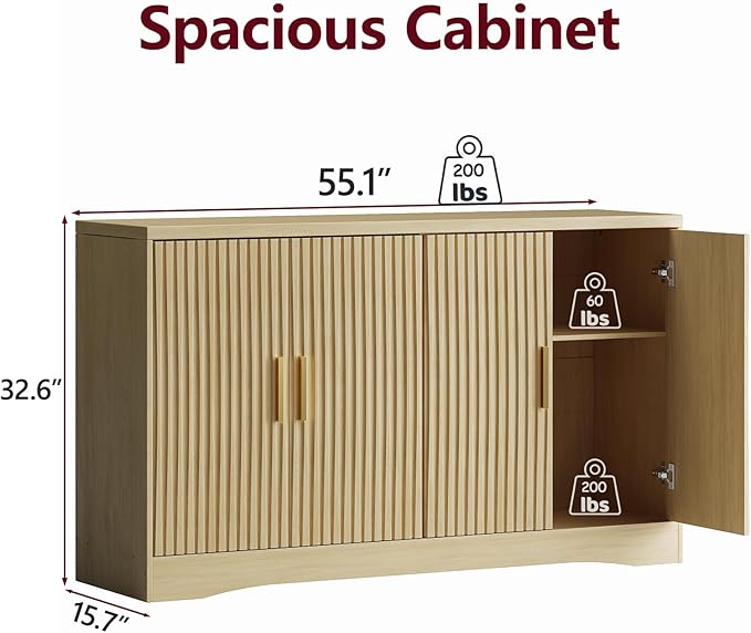 55" Modern Sideboard Buffet Cabinet with Storage, 4 Door Fluted Credenza Table Media Console Cabinet Entryway Cabinets for Living Room Kitchen, Wood