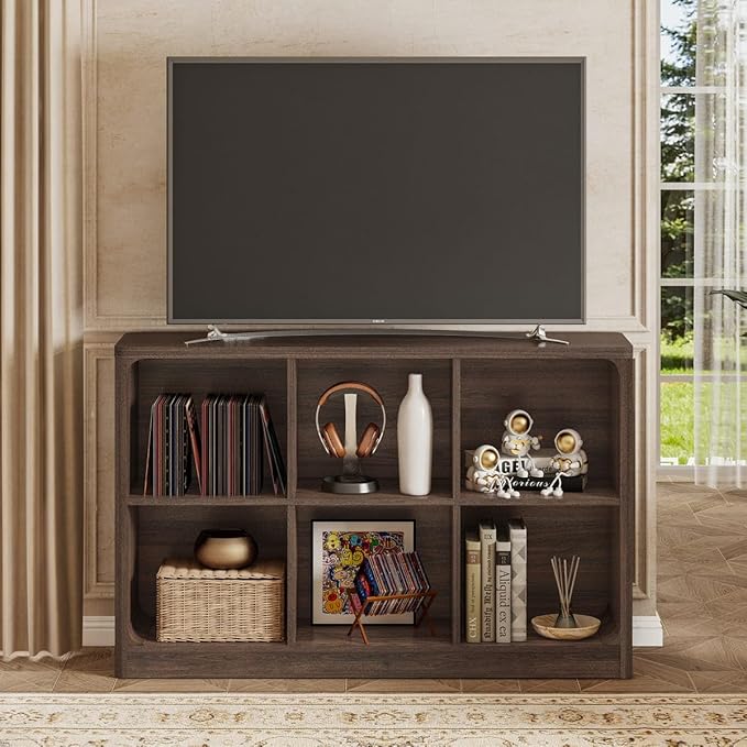 FATORRI 6 Cube Storage Bookcase, Rustic Wood Horizontal Bookshelf with Rounded Corners, Low Cube Organizer Shelf for Living Room, Bedroom, Office (Dark Walnut, 43 Inch)