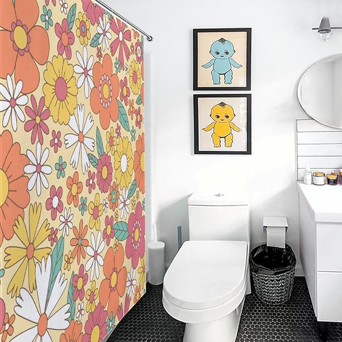 70s Floral Shower Curtain for Bathroom,Rustic Hippie Groovy 70s Daisy Flower Cute Colorful Funky Trippy Vintage Boho Waterproof Fabric Shower Curtain Set with Hooks, 72"x78"