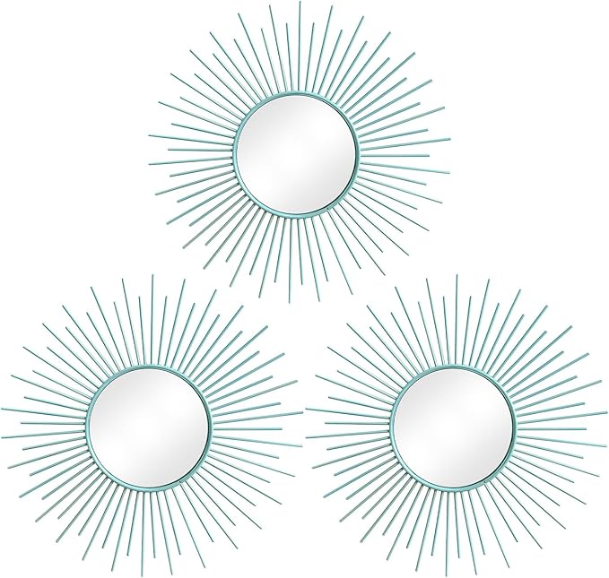 3 Pack Metal Mirrors for Wall Sunburst Wall Mirrors Home Décor Decorative Hanging Wall Art for Living Room Bedroom Entryway (Blue, Sunburst)