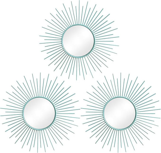3 Pack Metal Mirrors for Wall Sunburst Wall Mirrors Home Décor Decorative Hanging Wall Art for Living Room Bedroom Entryway (Blue, Sunburst)