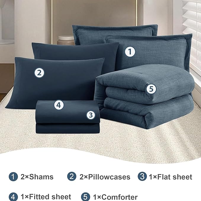 Geniospin Oversized Queen Comforter Set - 7 Pieces Navy Blue Oversized Queen Bedding Set, Solid Bed Set for All Season, Textured Bed in a Bag with Flat Sheet and Fitted Sheet, Pillowcases and Shams