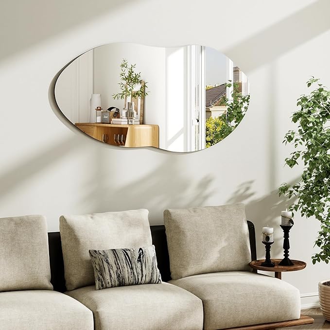 Irregular Wall Mirror, 36 x 20 Inch Asymmetrical Frameless Mirror for Bathroom, Living Room, Bedroom, Modern Abstract Vanity Mirror with Shatter-Proof Glass