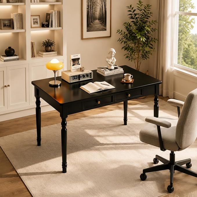 Walnut Writing Desks with Drawers, 47" Solid Wood French Country Style Computer Desk for Home Office, Living Room Study Workspace or Bedroom, Traditional Vanity Dressing Table
