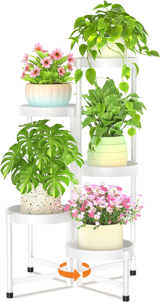 LASZOLA 5 Tiered Plant Stand Indoor Outdoor with Plastic Tray, Corner Folding Tall Flower Display Rack, Modern Plant Holder Shelf for Outdoor Patio Porch Garden Office Living Room, White