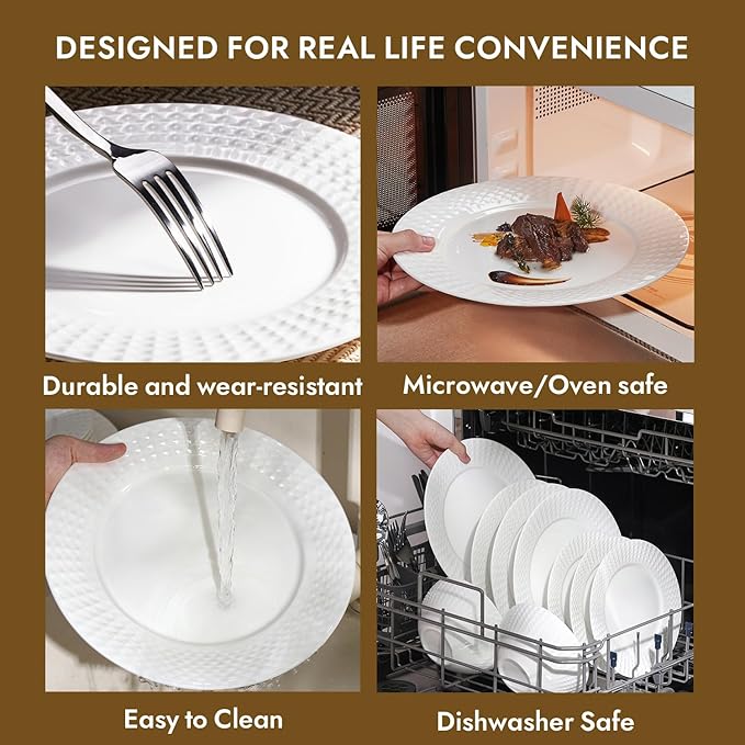 KINGSTONE 12-piece Bone China Dinnerware Set and 20-piece silverware, White Lightweight Porcelain for 4, Plates, Bowls with matching flatware, Microwave and Dishwasher Safe, for Family, Gifting