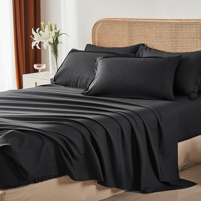 Yogeneg King Size Comforter Set 7 Piece Bed in a Bag,Grid Pinch Pleat Black Bedding Set,Striped Textured Soft Microfiber Comforter with Sheet Set,All Season Complete Bed Set(Black,King)