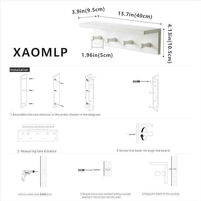 Entrance Coat Rack ，Coat Hooks, Wall-Mounted Wooden Hook Rack, Wall-Mounted Shelves are Very Suitable (White Color Finish—A-1)