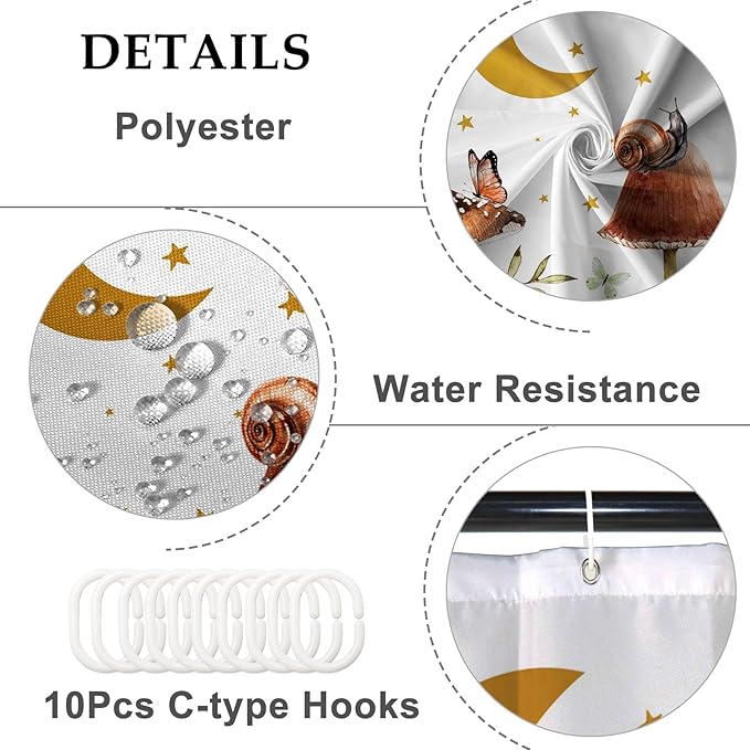 Baocicco Mushroom Shower Curtain Cute Retro Mushrooms Butterfly Snails Botanical Moon Stars Shower Curtains Decorative for Bathroom Waterproof Fabric Shower Curtain with Hooks 60x72 Inches