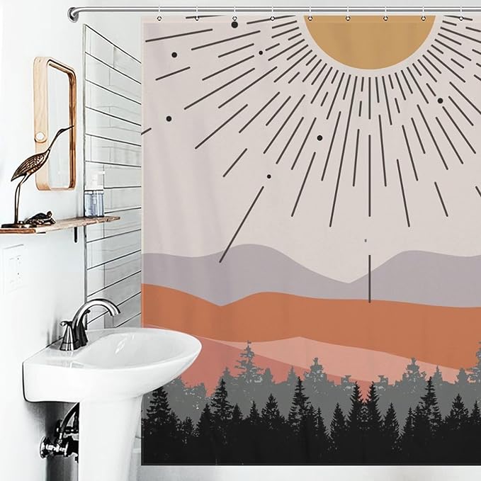 Mid Century Boho Shower Curtain,Abstract Sunset Geometric Mountain Forest Aesthetic Bathroom Curtain Polyester Waterproof Fabric Decor 72x72in（183x183cm）