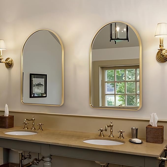 ANDY STAR Brass Mirror, 20x30 Gold Arched Mirror, Brass Bathroom Mirrors for Wall in SUS304-Anti-Rust, Seamless Tube Metal Frame, Wall-Mounted Vertical 1’’ Deep