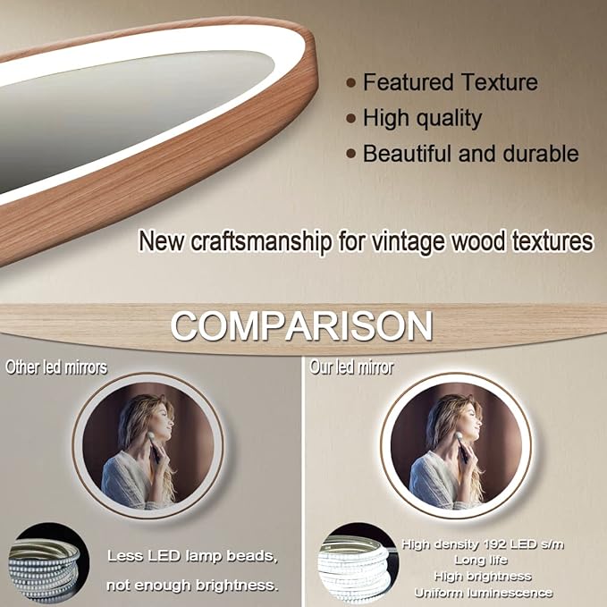 24 Inch Wood Bathroom Round LED Mirror with Lights Wood Frame Round Lighted Mirror for Bathroom Wall Round Vanity Lighted Mirrors 3 Color Dimmable Anti Fog Bathroom Circle Smart Light up Mirror
