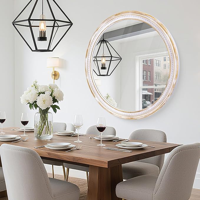 36 Inch Farmhouse Round Wood Mirror, Rustic Boho Circle Decorative Mirrors for Bathroom, Living Room, Entryway, Bedroom, Hallway