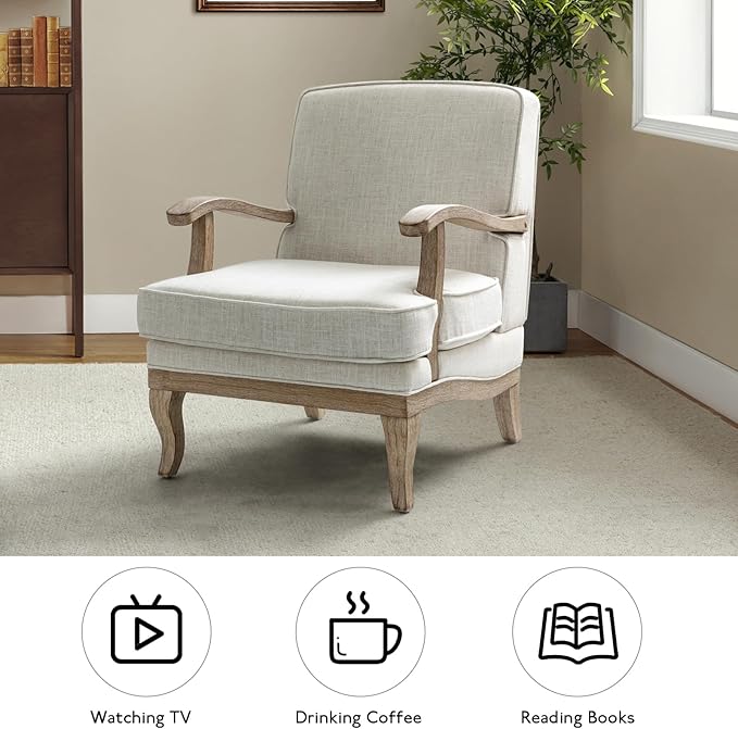 HULALA HOME Mid-Century Modern Accent Chair, Upholstered Living Room Lounge Chair, Lounge Armchair with Romantic Stripes & Solid Wood Legs, Living Room Bedroom Single Sofa Chair (Ivory)