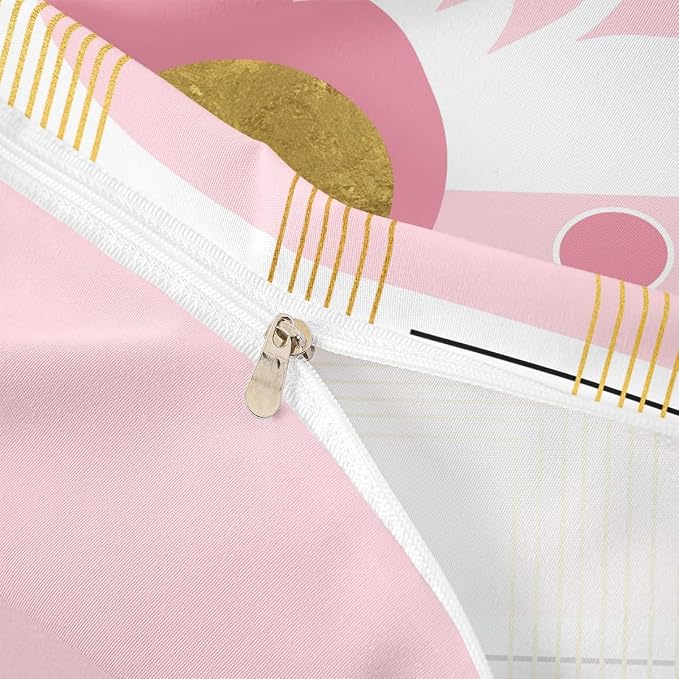 Erosebridal Pink and White Abstract Boho Duvet Cover Full Size Minimalist Aesthetic Neutral Comforter Cover Mid Century Modern Bedding Set Botanical Leaves Geometric Bed Set