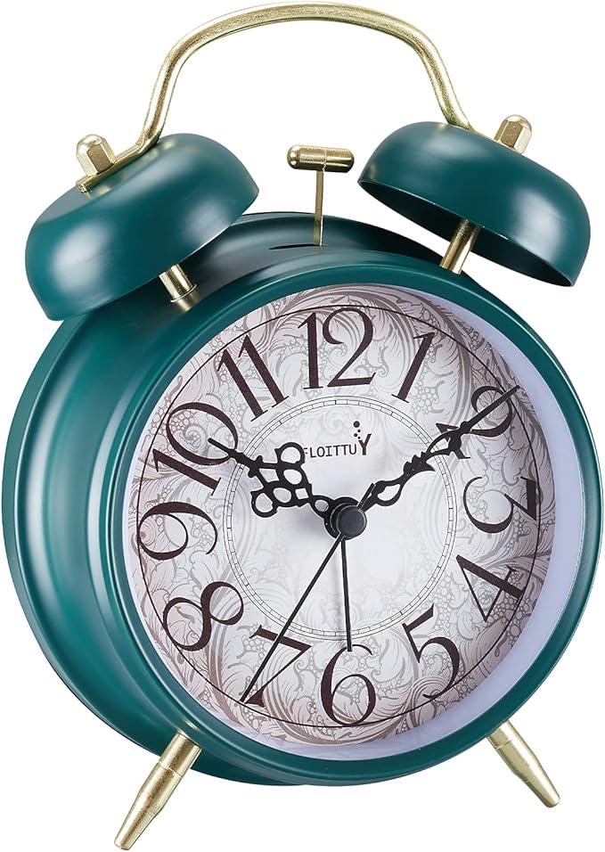 FLOITTUY Loud Alarm for Deep Sleepers 4'' Retro & Fashionable Twin Bell Alarm Clock with Backlight for Bedroom and Home Decoration(Deep Emerald)