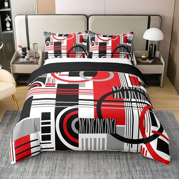 Erosebridal Art Deco Mid Century Duvet Cover Set Retro Modern Abstract Geometric 100% Cotton Comforter Cover Black and White Red Circles Stripes Full Size Bedding Sets, Contemporary Bed Set