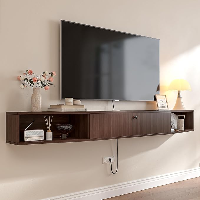 55 inch Floating TV Stand,Plywood Wall Mounted Entertainment Center with 1 Door & 2 Open Cabinets,Floating Media Console with Wire Holes,Hanging TV Shelf for Living Room, Bedroom Walnut