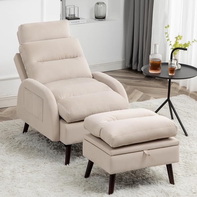 HCHAIRH Accent Chair with Ottoman, Comfy Reading Chair and Ottoman Set, Modern Oversized Lounge Armchair with Adjustable Backrest for Living Room Bedroom, Velvet Khaki