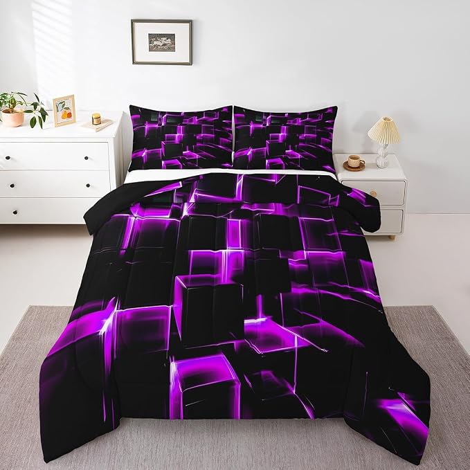 Erosebridal Purple Black Geometric Comforter Set Twin Size 3D Stereoscopic Square Bedding, Glowing Neon Squares Bed Set 2 Piece Gradient Grid Plaid Soft Microfiber Down Comforter
