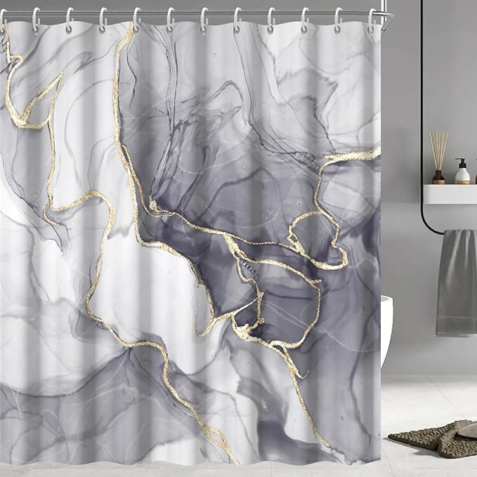 Grey Shower Curtain, Ombre Light Grey Marble Shower Curtain Set Modern Aesthetic Gray Ink Texture Waterproof Bathroom Curtain with Hooks, 72x78 Inch