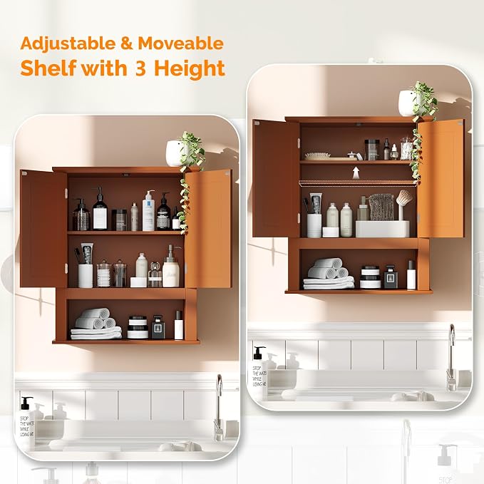 VINGLI Bathroom Wall Cabinet, Black Wall Mounted Storage Cabinet for Bathroom Over the Toilet, Medicine Cabinet with 2 Doors and 3-Height Adjustable Shelf & Open Shelf, Painted MDF, Space Saving