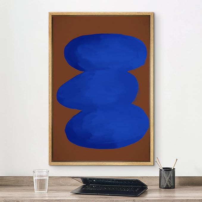 MUDECOR Framed Canvas Print Wall Art Geometric Mid-Century Neon Blue Polygon Abstract Shapes Illustration Minimalism Decorative Bohemian Colorful Zen for Living Room, Bedroom, Office - 24"x36" NATURAL