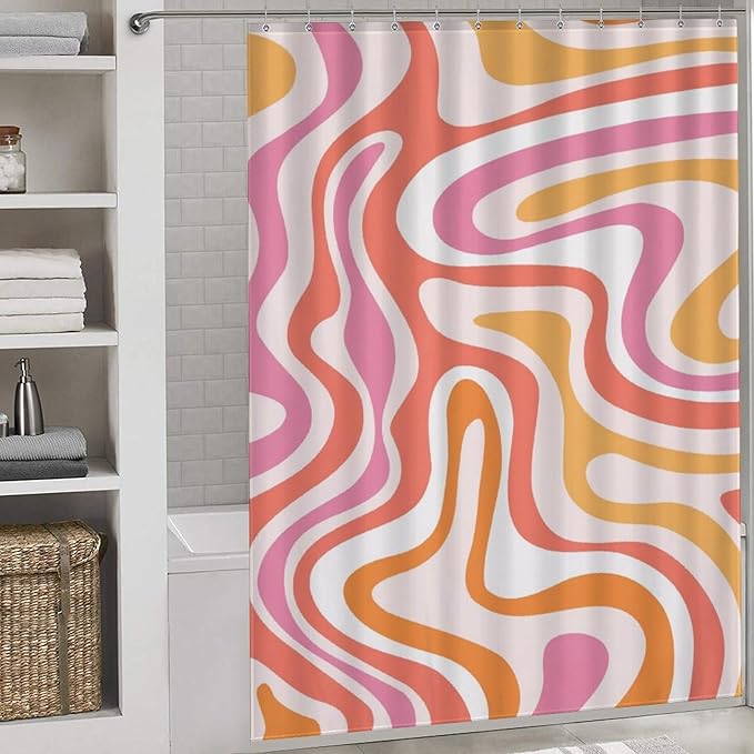 Hippie Shower Curtain for Bathroom, 70s Retro Colorful Orange Pink Wave Hippie Abstract Swirl Aesthetic Boho Funky Trippy Bright Waterproof Fabric Bath Shower Curtain Set with Hooks, 72"x78" Inch