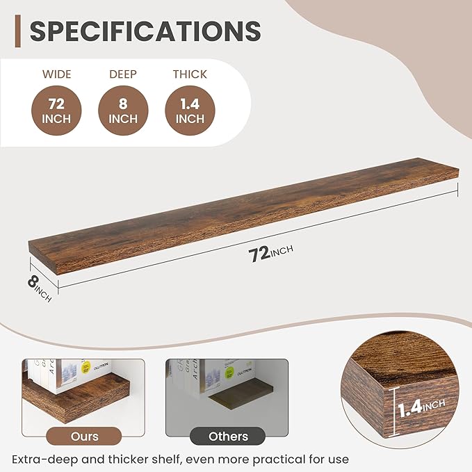 72 Inch Floating Shelves, 8 Inch Deep Floating Shelves for Wall, Hanging Shelf with Invisible Brackets, Deep Shelves for Bathroom, Bedroom, Living Room, Brown, Set of 2