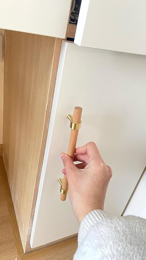 Natural Wood and Brass Kitchen Cabinet Handles 7~9.5 Inch 4Set Center to Center Adjustable Double Hole Modern Dresser Pulls, Unfinished DIY Drawer Knobs