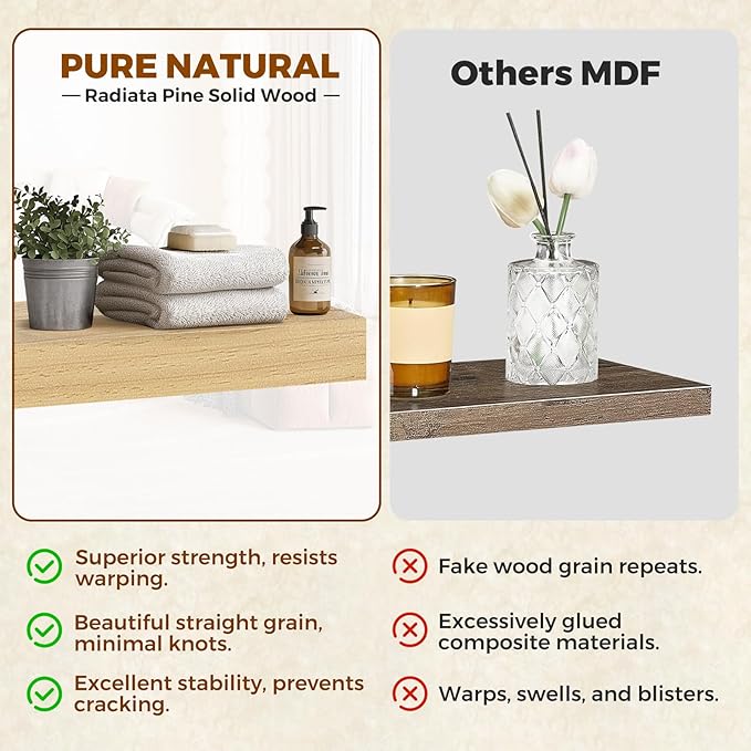 Floating Wall Shelf 16x6.8x1.7 Inch – Solid Wood Shelf in Natural Wood Finish – Wall Mounted Rustic Display Organizer for Bathroom, Kitchen, Bedroom, Small Spaces – Set of 3