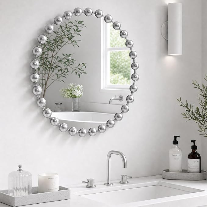 Madison Park Round Mirror, Metal Frame Circle Mirror 27 inch, Wall Art Decor Mounted Hanging for Entryway, Bathroom, hallway, Living Room, Vanity, Marlowe, Silver