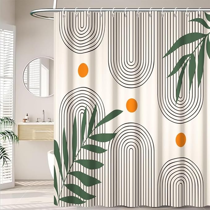 Modern Boho Shower Curtain for Bathroom Beige Abstract Minimalist Bathroom Set Decor Stripes Arch Sun Palm Leaves Chic Aesthetic Washable Waterproof Polyester Fabric with Hooks 72x78 Inch