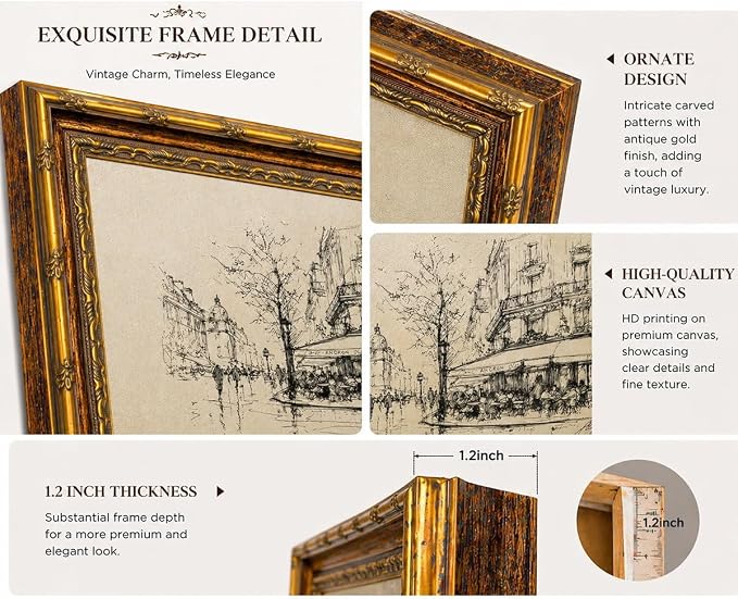 Vintage Paris Street Cafe Sketch Wall Art Print, Gold Framed European Cityscape Poster Living Room and Bedroom Decor 8x10 Inch