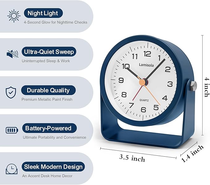 Lamisola 3.5 Inch Small Desk Alarm Clock, Battery Operated Analog Silent Clock with Night Light, Retro Vintage Metal Bedside Clock for Bedroom, Office, Bathroom, Dorm, Shelf, Table -Navy Blue